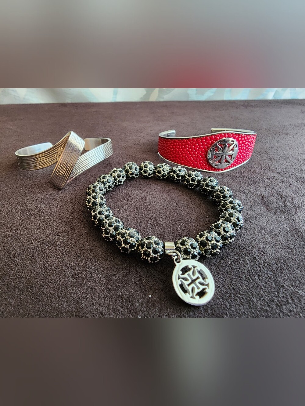 Rustic Cuff Bracelet Set of 3 Red Stingray Cuff Pave Beaded